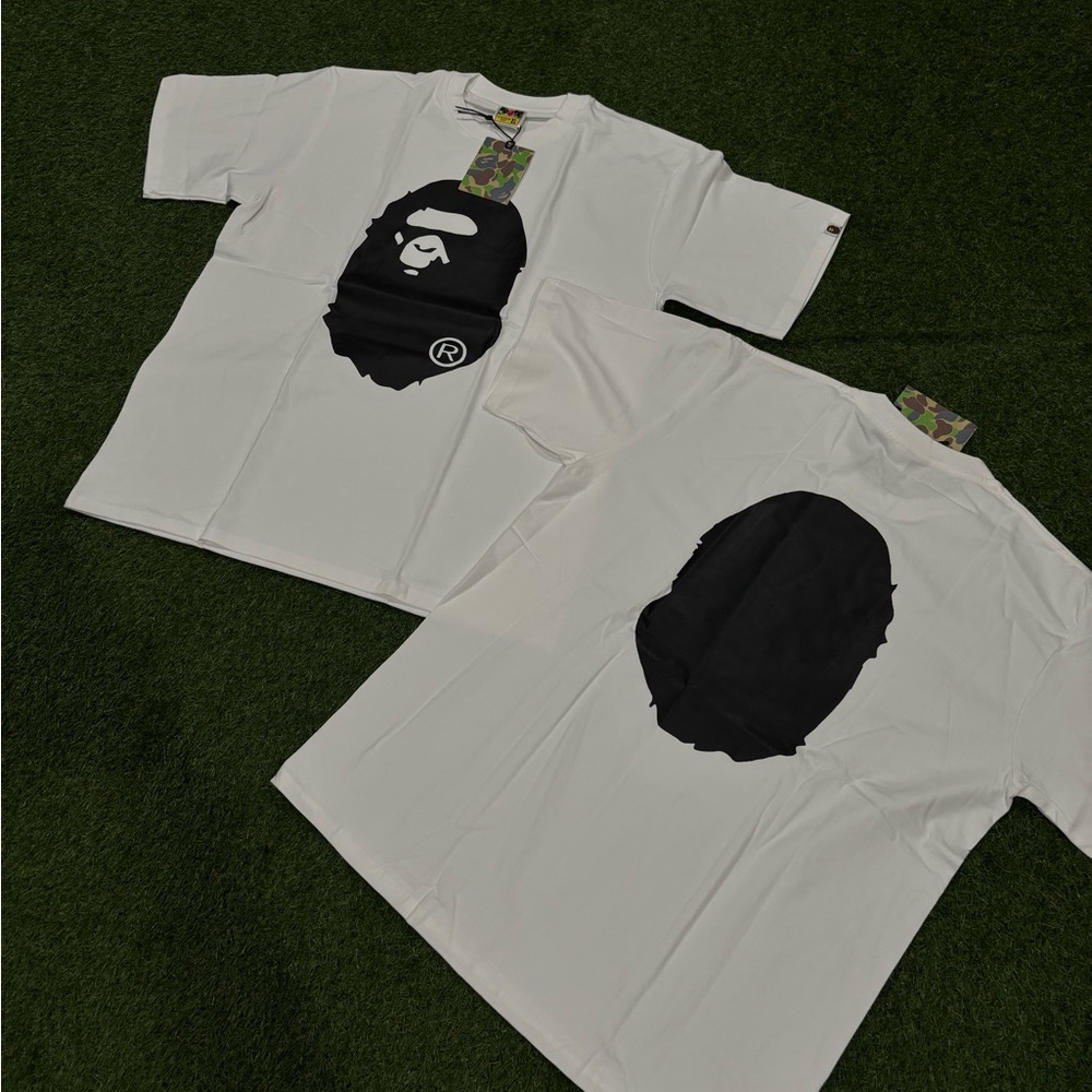 Bape White Short-Sleeve Tee with Black Ape Head Graphic. X-Large
